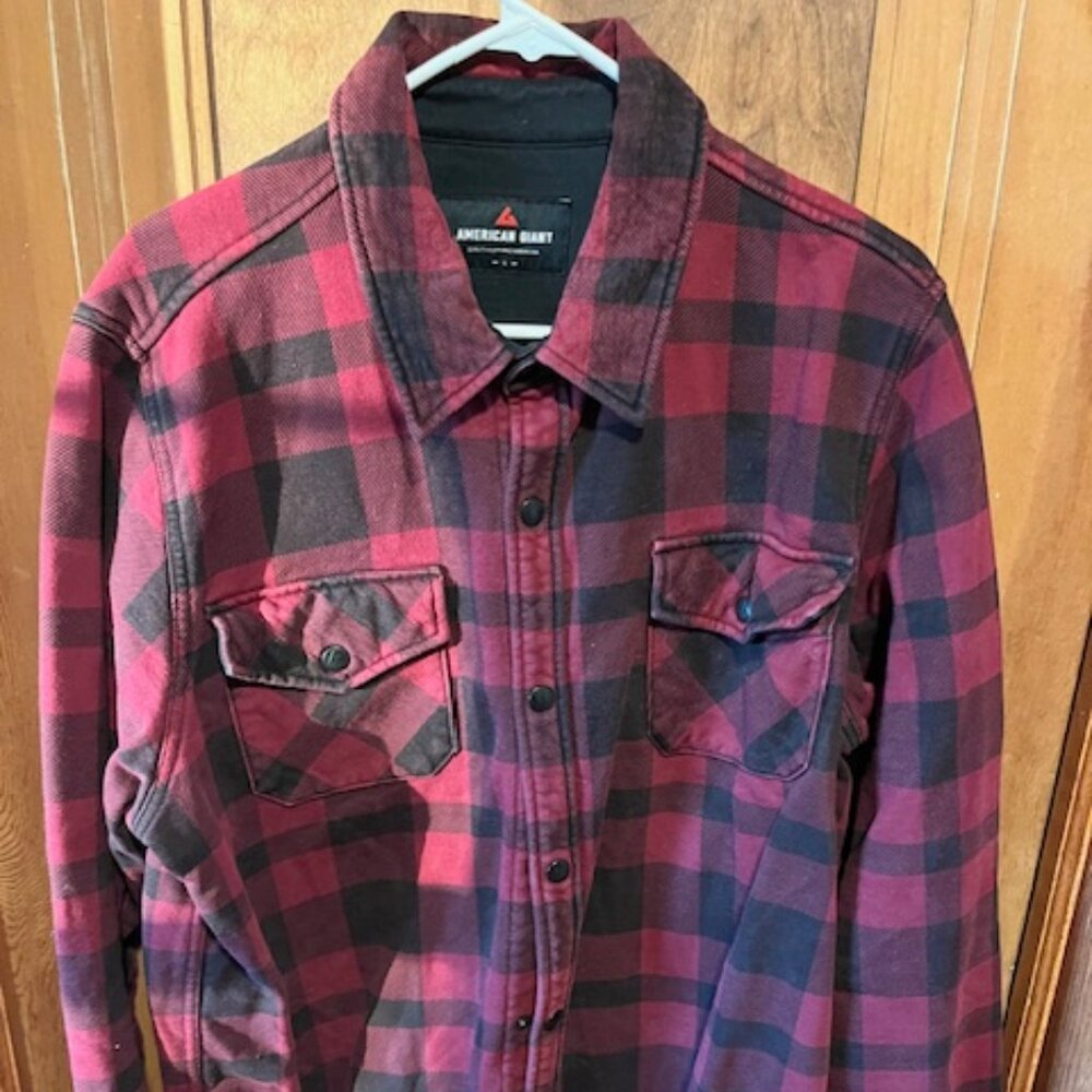 American Giant Redwood Fleece Overshirt — Oxblood Plaid — Size L